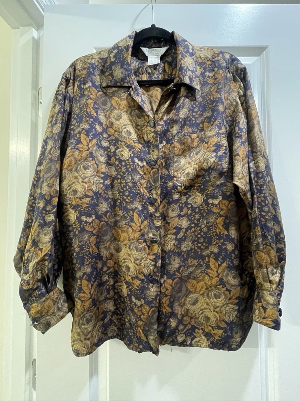 Max Mara 100% Silk Floral Button Down Shirt Blue Gold Vintage Print